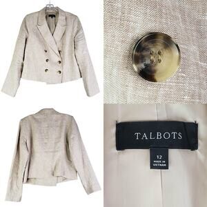Talbots Blazer Linen Women’s Size 12 Tan Khaki Button Jacket Lined